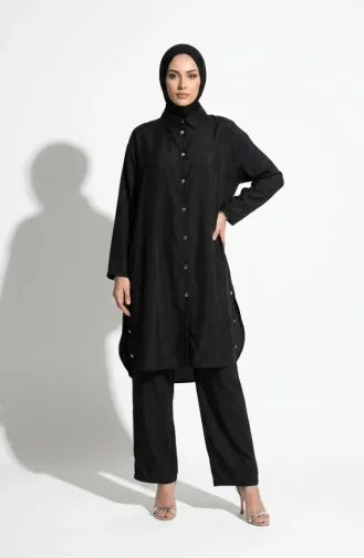 Shirt Collar Button-Down Hijab Two-Piece Set 2303-05 Black 2303-05