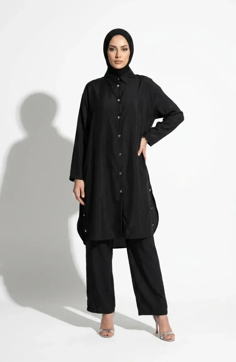 Shirt Collar Button-Down Hijab Two-Piece Set 2303-05 Black 2303-05