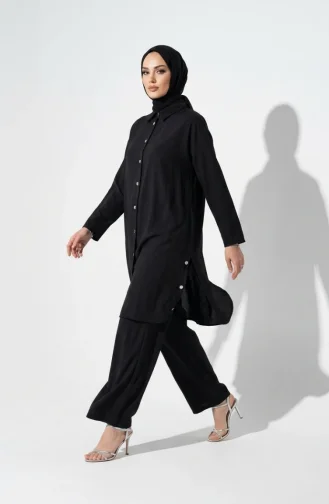 Shirt Collar Button-Down Hijab Two-Piece Set 2303-05 Black 2303-05