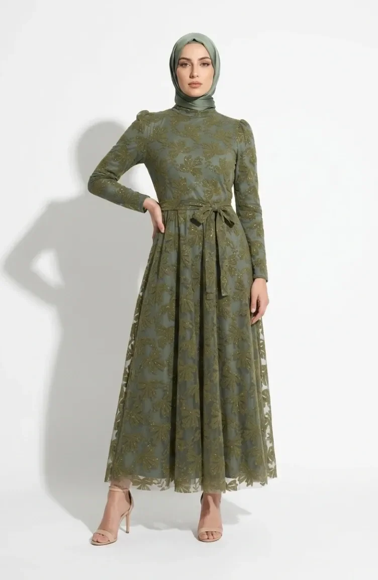 Glitzerndes Abendkleid Mit Blättermuster Und Gürtel Hijab 5850-02 Khaki 5850-02