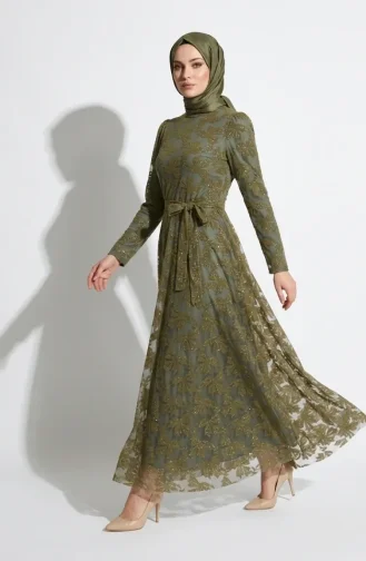 Glitzerndes Abendkleid Mit Blättermuster Und Gürtel Hijab 5850-02 Khaki 5850-02