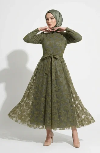 Glitzerndes Abendkleid Mit Blättermuster Und Gürtel Hijab 5850-02 Khaki 5850-02