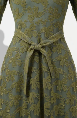 Glitzerndes Abendkleid Mit Blättermuster Und Gürtel Hijab 5850-02 Khaki 5850-02