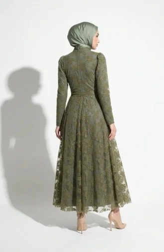 Glitzerndes Abendkleid Mit Blättermuster Und Gürtel Hijab 5850-02 Khaki 5850-02