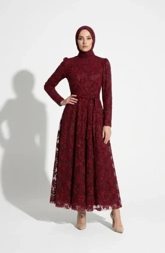 Glitzerndes Abendkleid Mit Blättermuster Und Gürtel Hijab 5850-03 Burgunderrot 5850-03
