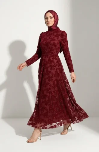 Glitzerndes Abendkleid Mit Blättermuster Und Gürtel Hijab 5850-03 Burgunderrot 5850-03