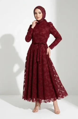 Glitzerndes Abendkleid Mit Blättermuster Und Gürtel Hijab 5850-03 Burgunderrot 5850-03