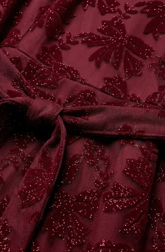 Glitzerndes Abendkleid Mit Blättermuster Und Gürtel Hijab 5850-03 Burgunderrot 5850-03
