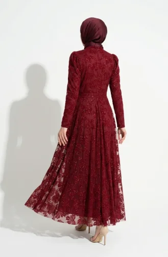 Glitzerndes Abendkleid Mit Blättermuster Und Gürtel Hijab 5850-03 Burgunderrot 5850-03