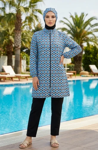 Modest Swimsuit Patterned 2-Piece Set 1903-12 Black Blue 1903-12