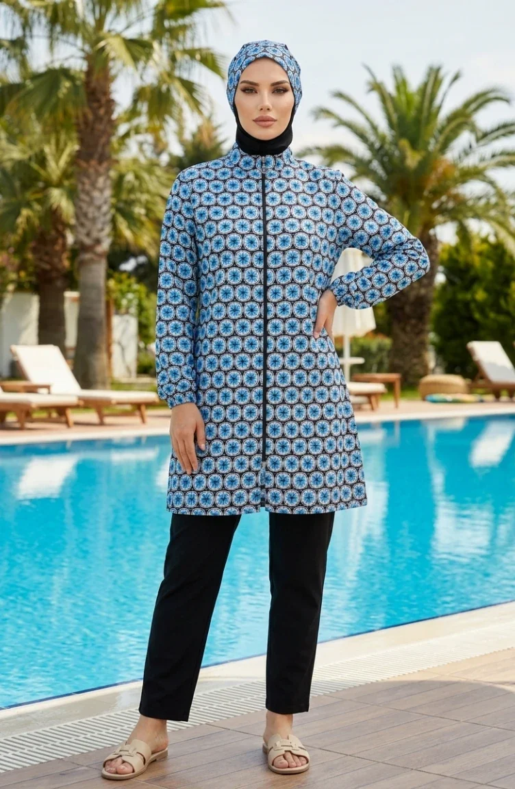 Modest Swimsuit Patterned 2-Piece Set 1903-12 Black Blue 1903-12