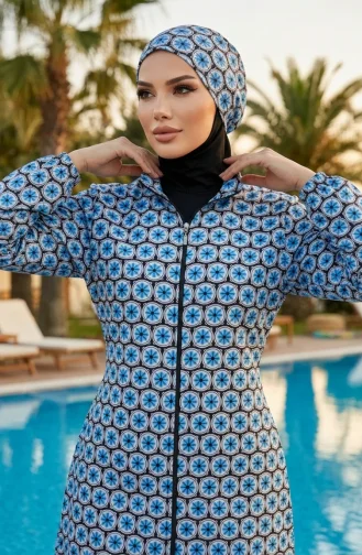 Modest Swimsuit Patterned 2-Piece Set 1903-12 Black Blue 1903-12