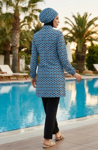 Modest Swimsuit Patterned 2-Piece Set 1903-12 Black Blue 1903-12