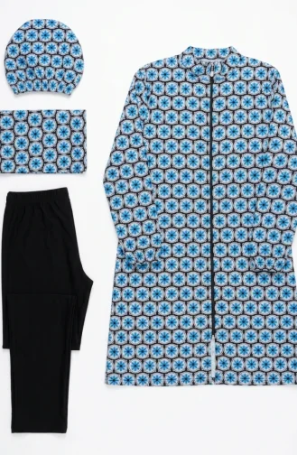 Modest Swimsuit Patterned 2-Piece Set 1903-12 Black Blue 1903-12