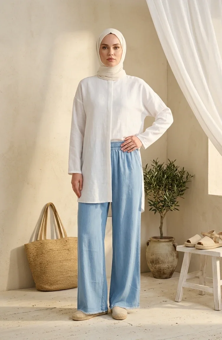 Jean Large à Taille élastique En Tissu Tencel Avec Poches 14514-01 Bleu 14514-01