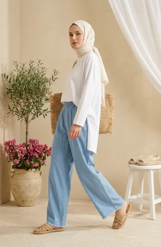 Jean Large à Taille élastique En Tissu Tencel Avec Poches 14514-01 Bleu 14514-01