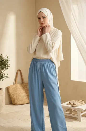 Jean Large à Taille élastique En Tissu Tencel Avec Poches 14514-01 Bleu 14514-01