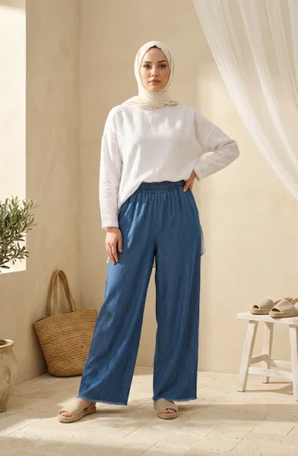 Jean Large à Taille élastique En Tissu Tencel Avec Poches 14514-02 Bleu Marine 14514-02