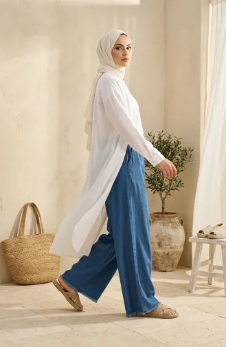 Jean Large à Taille élastique En Tissu Tencel Avec Poches 14514-02 Bleu Marine 14514-02