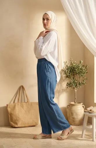 Jean Large à Taille élastique En Tissu Tencel Avec Poches 14514-02 Bleu Marine 14514-02