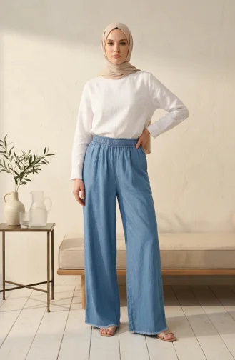 Jean Large à Taille élastique En Tencel Avec Poches 14514-03 Bleu Denim 14514-03