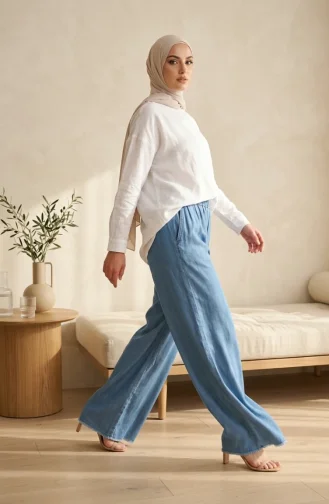 Jean Large à Taille élastique En Tencel Avec Poches 14514-03 Bleu Denim 14514-03