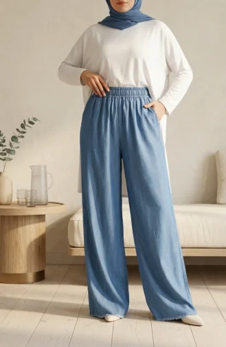 Jean Large à Taille élastique En Tencel Avec Poches 14514-03 Bleu Denim 14514-03