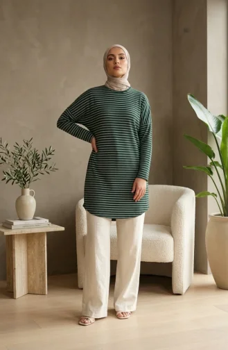 Tunique Rayée Coupe Décontractée Grande Taille Opaque Verte Réf. 8778-04 8778-04