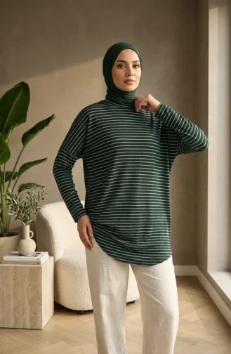 Tunique Rayée Coupe Décontractée Grande Taille Opaque Verte Réf. 8778-04 8778-04