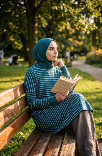 تونيك موسمي مخطط بقصة مريحة، مقاسات كبيرة، غير شفاف، 8778-02، لون بترولي 8778-02