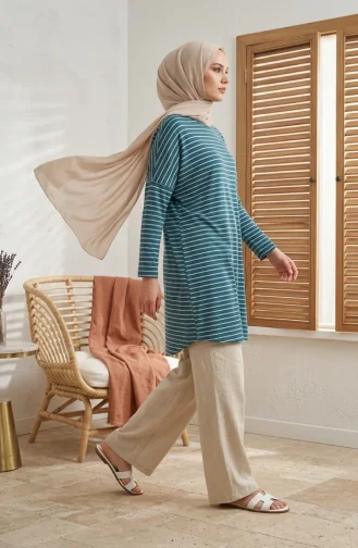 تونيك موسمي مخطط بقصة مريحة، مقاسات كبيرة، غير شفاف، 8778-02، لون بترولي 8778-02