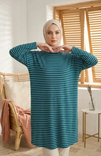 تونيك موسمي مخطط بقصة مريحة، مقاسات كبيرة، غير شفاف، 8778-02، لون بترولي 8778-02