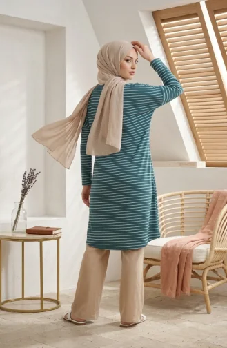 تونيك موسمي مخطط بقصة مريحة، مقاسات كبيرة، غير شفاف، 8778-02، لون بترولي 8778-02
