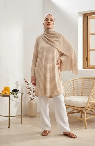 Relaxed Fit Striped Seasonal Tunic Plus Size Opaque 8778-03 Beige 8778-03