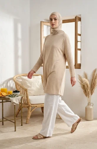 Relaxed Fit Striped Seasonal Tunic Plus Size Opaque 8778-03 Beige 8778-03
