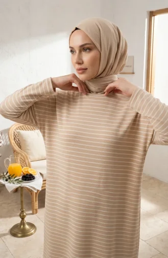 Relaxed Fit Striped Seasonal Tunic Plus Size Opaque 8778-03 Beige 8778-03