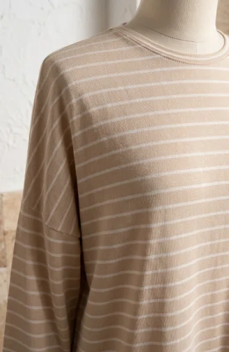 Relaxed Fit Striped Seasonal Tunic Plus Size Opaque 8778-03 Beige 8778-03