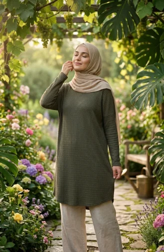 تونيك موسمي بمقاسات كبيرة وقصة مريحة، غير شفاف، رقم الموديل 8775-03، لون كاكي 8775-03