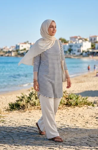 Plus Size Relaxed Fit Tunic Seasonal Non-See-Through 8776-03 Anthracite White 8776-03