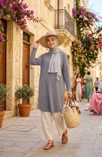 تونيك موسمي مخطط بقصة مريحة، مقاس كبير، غير شفاف، 8778-01، لون أنثراسيت 8778-01