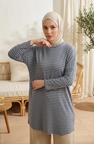 Relaxed Fit Striped Seasonal Tunic Plus Size Opaque 8778-01 Anthracite 8778-01