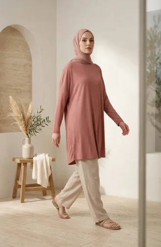 Relaxed Fit Seasonal Flowy Tunic Opaque Plus Size 8780-01 Rose Pink 8780-01