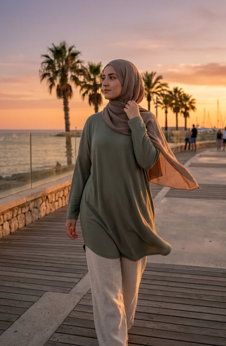 تونيك فضفاض بقصة مريحة، مناسب للموسم، غير شفاف، مقاسات كبيرة، 8780-02 كاكي 8780-02