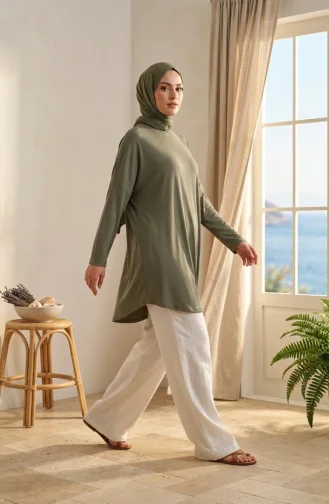 تونيك فضفاض بقصة مريحة، مناسب للموسم، غير شفاف، مقاسات كبيرة، 8780-02 كاكي 8780-02