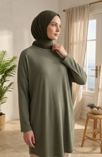 تونيك فضفاض بقصة مريحة، مناسب للموسم، غير شفاف، مقاسات كبيرة، 8780-02 كاكي 8780-02