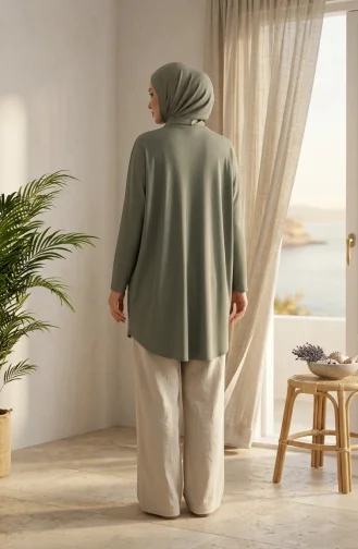 تونيك فضفاض بقصة مريحة، مناسب للموسم، غير شفاف، مقاسات كبيرة، 8780-02 كاكي 8780-02