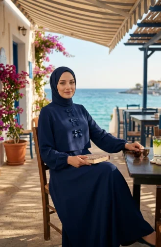 طقم حجاب من قطعتين من قماش مزدوج 5812-02 أزرق داكن 5812-02