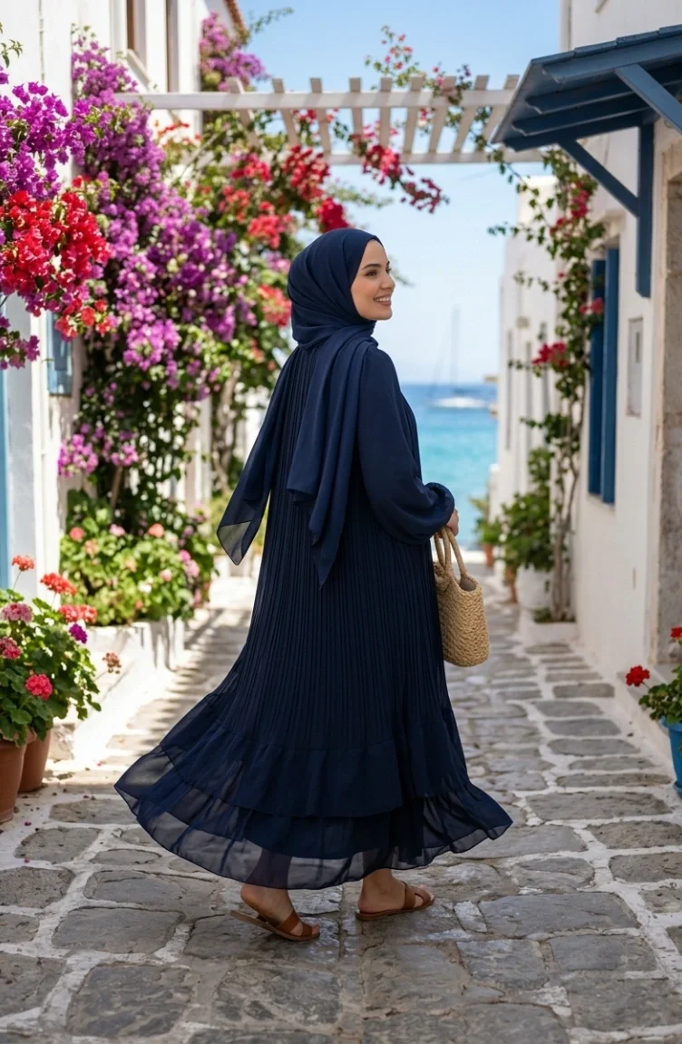 Plissiertes Chiffon-Hijab-Kleid 5751-01 Marineblau 5751-01
