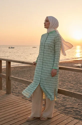 Tunique Boutonnée à Motif Géométrique 2299-01 Verte 2299-01