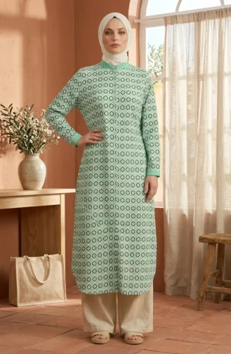 Tunique Boutonnée à Motif Géométrique 2299-01 Verte 2299-01